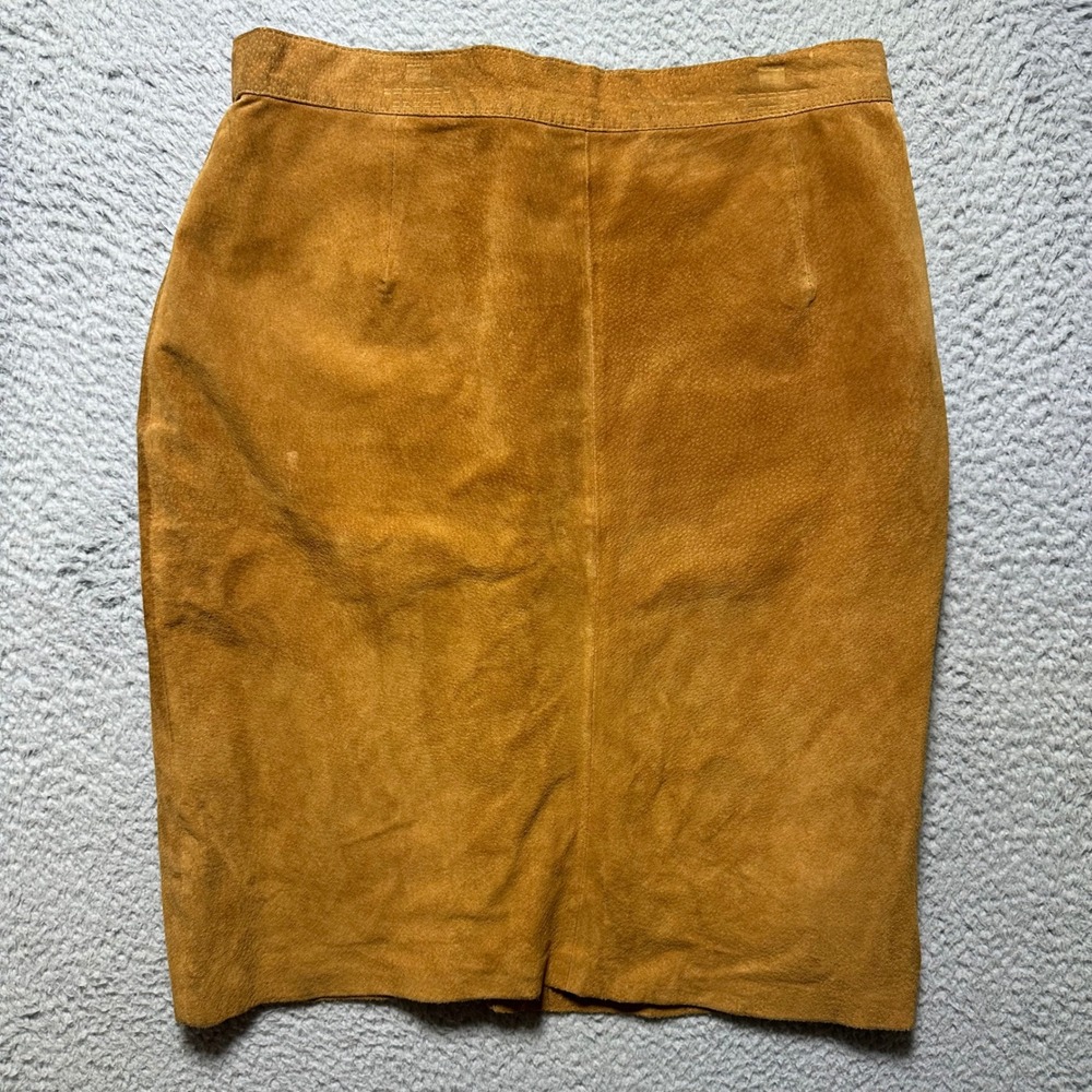 Vintage‎ Brown Suede Leather Pencil Skirt Minimalist 90s Classic Midi Size 28/29